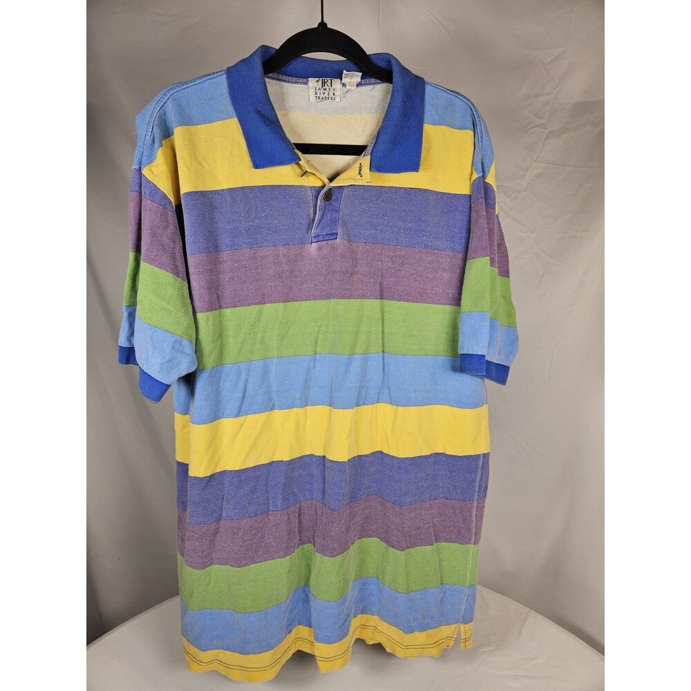 Vintage Trader Bay Polo Shirt Mens XL Blue Yellow Striped Colorful 90s Hiphop